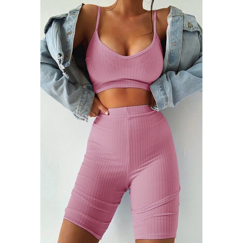 Pink Two-piece Bra and Leggings Ribbed Knit Yoga Sports Wear