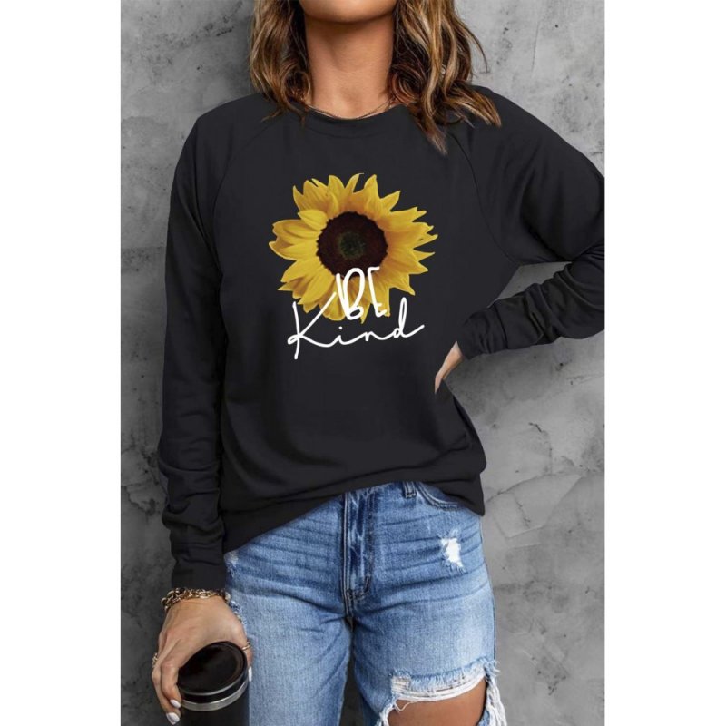 Black Be Kind Sunflower Print Long Sleeve Graphic Sweatshirt