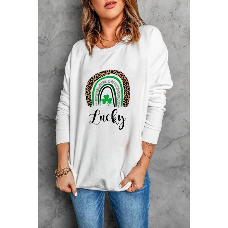 White St. Patrick's Day Lucky Clover Print Graphic Sweatshirt