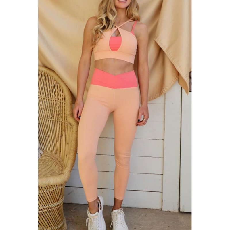 Orange Two-Tone Colorblock Bra Leggings Active Wear Set