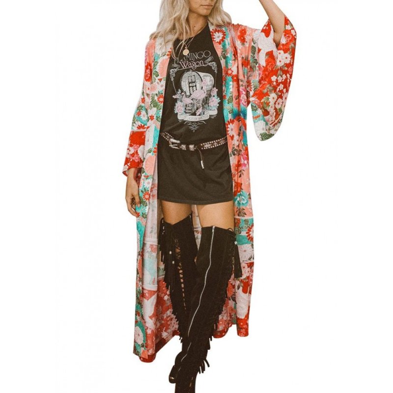 New Women Chiffon Kimono Cardigan Floral Print Long Sleeve Loose Outerwear Bikini Cover Up Orange