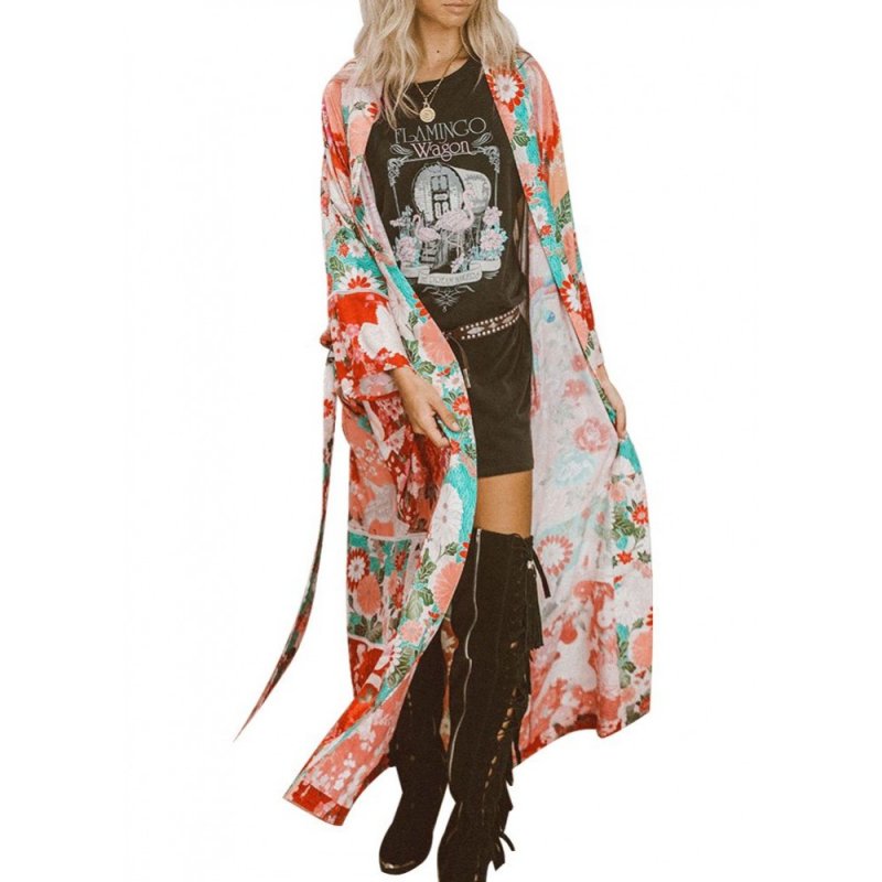 New Women Chiffon Kimono Cardigan Floral Print Long Sleeve Loose Outerwear Bikini Cover Up Orange