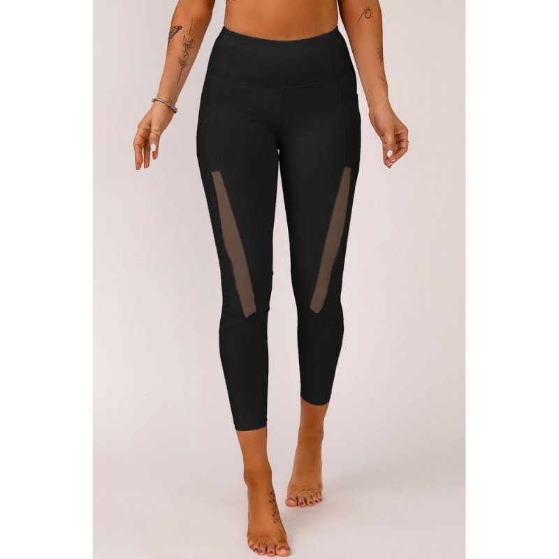 Black Mesh Side Splicing High Waist Yoga Sports Leggings with Phone Pocket