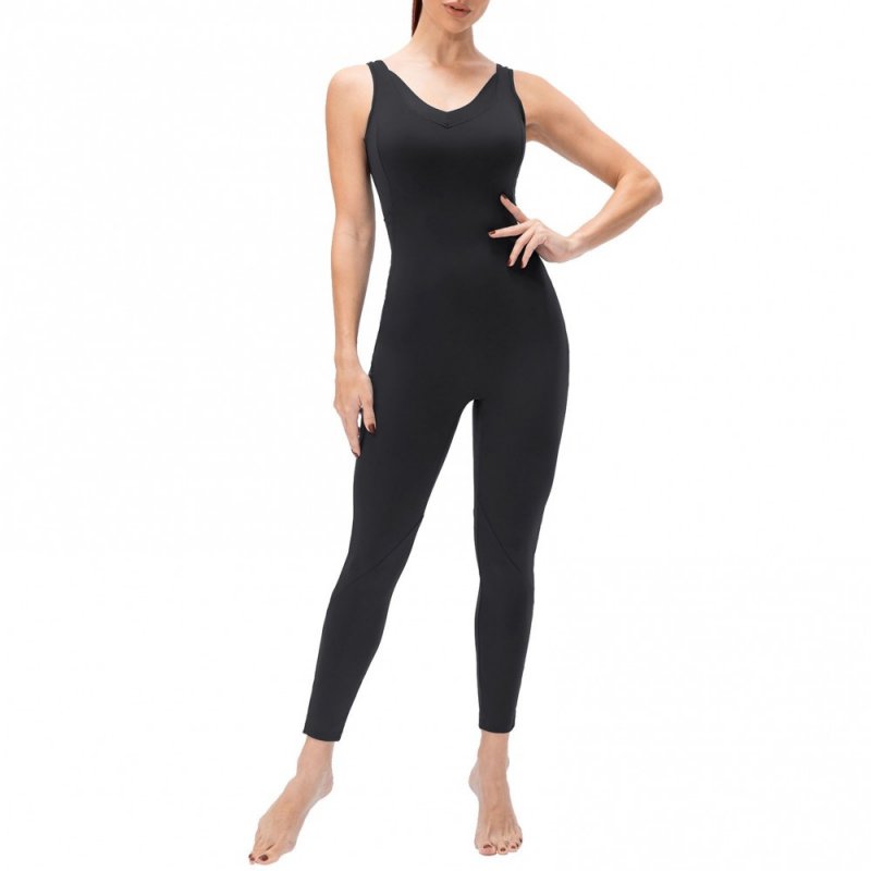 Women Yoga Jumpsuit with Pockets Sleeveless Leggings Open Back Fitness Workout Bodysuit Rompers