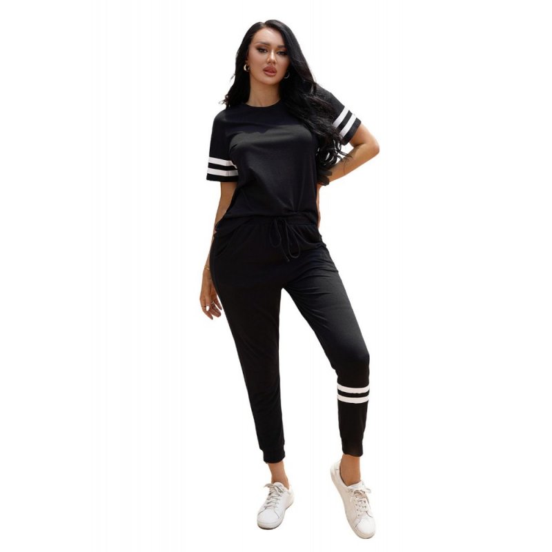 Black Striped Accent Short Sleeve and Joggers Set