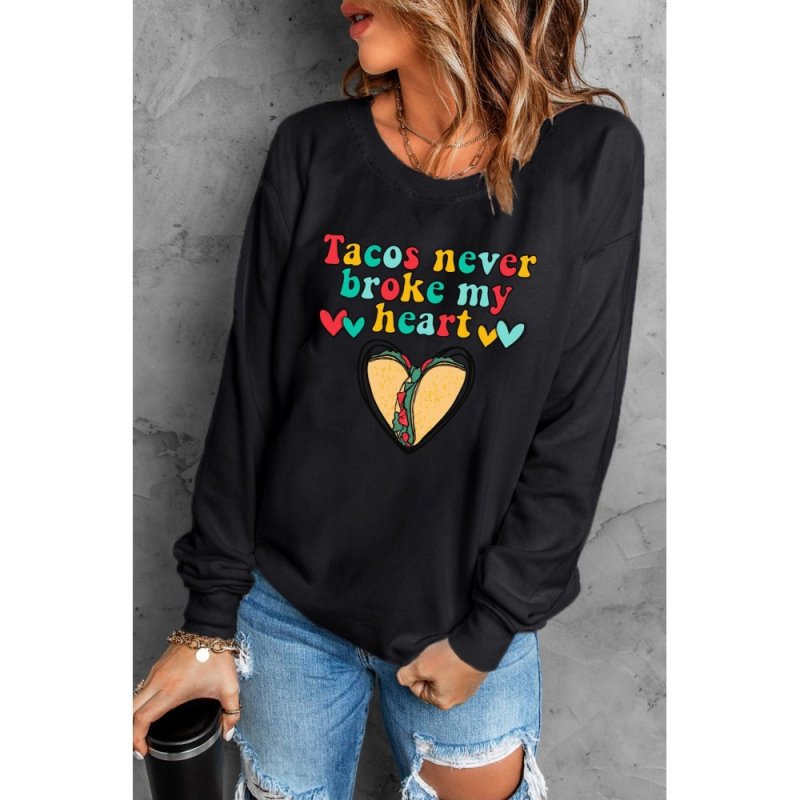 Letter Graphic Heart Print O-neck Long Sleeve Sweatshirt