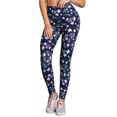 White Floral High Waist Yoga Leggings in Navy