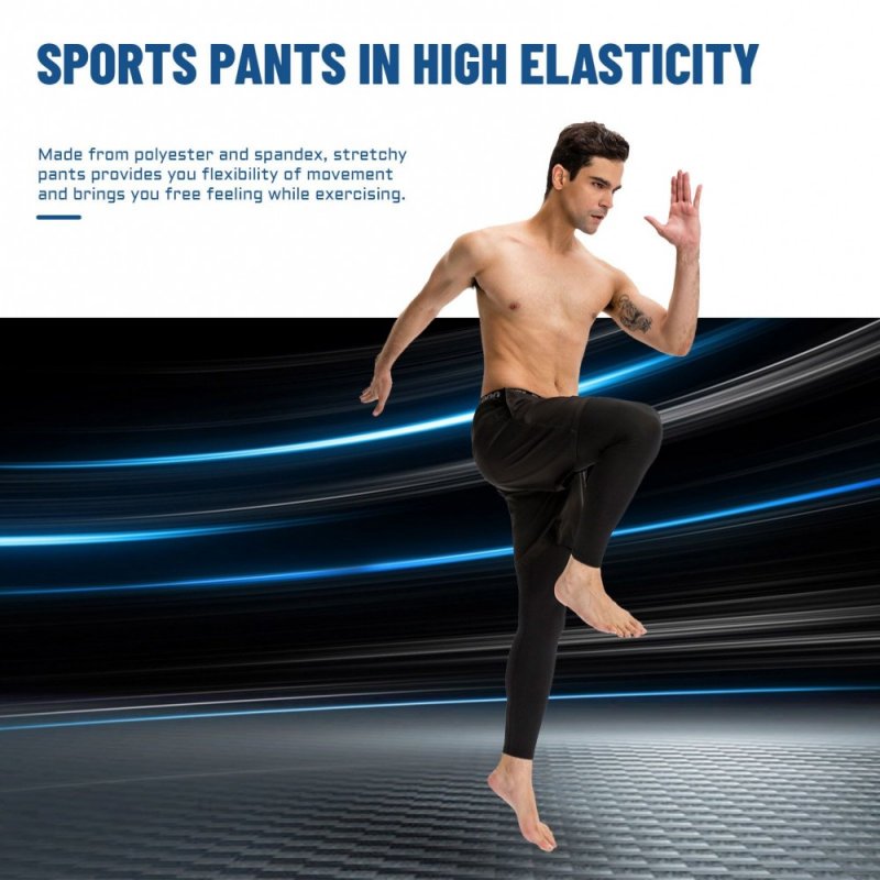 Men 2-in-1 Running Pants Elastic Waist Pockets Stretchy Moisture-wicking Leggings Athletic Workout Tights