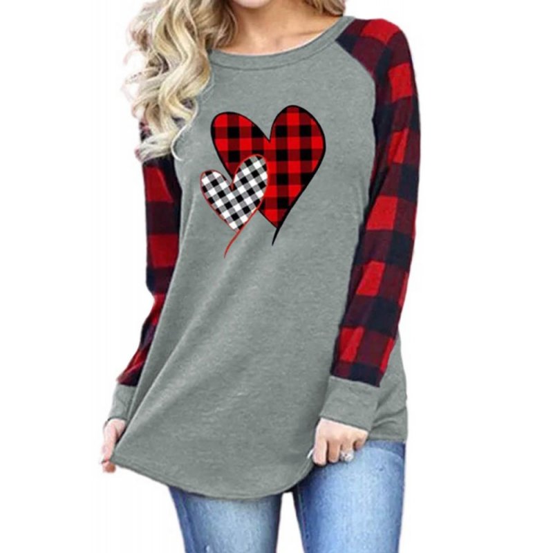 Plaid Heart Shape Print Color Block Long Sleeve Top