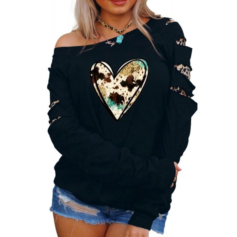 Black Graphic Heart-shaped Print Cut-out Long Sleeve Sweatshirt