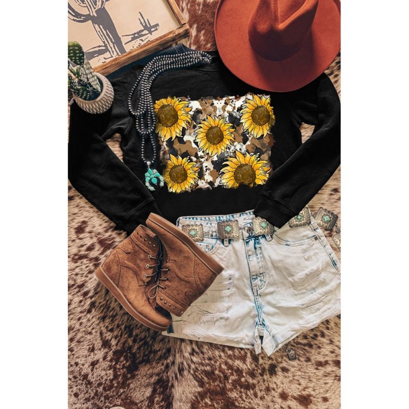 Sunflower Print Long Sleeve Pullover Sweatshirt