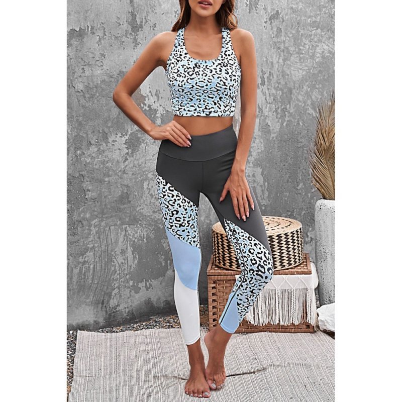 Gray Leopard Colorblock Splicing Sports Workout Tank and Leggings Set