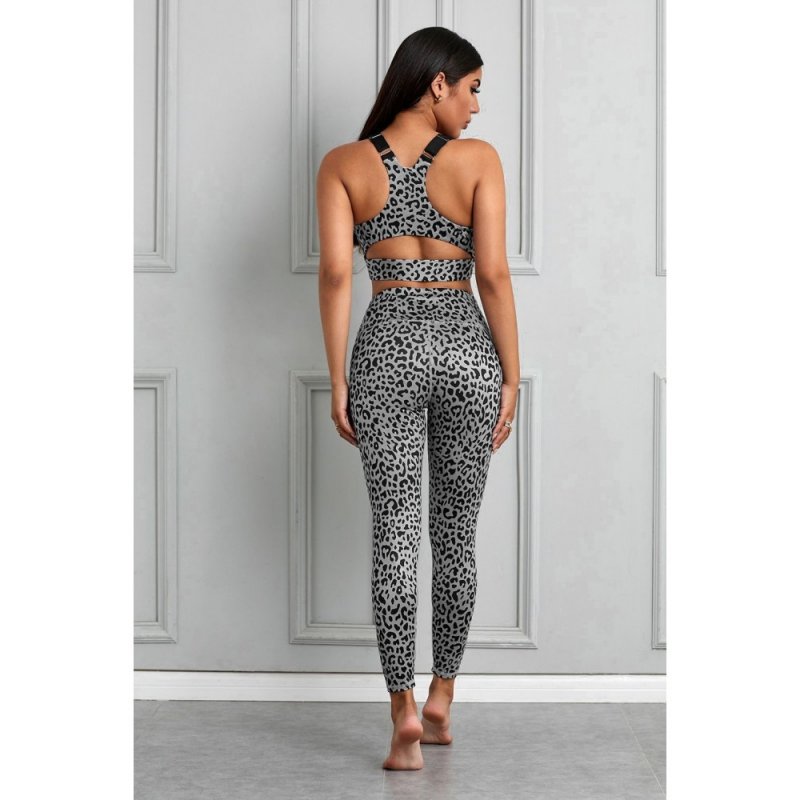 Gray Cheetah Print Sport Bra Pants Set