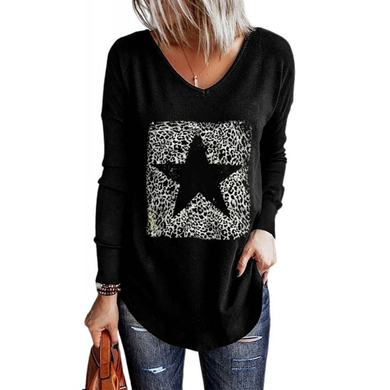 Black Star Print V Neck Long Sleeve Top