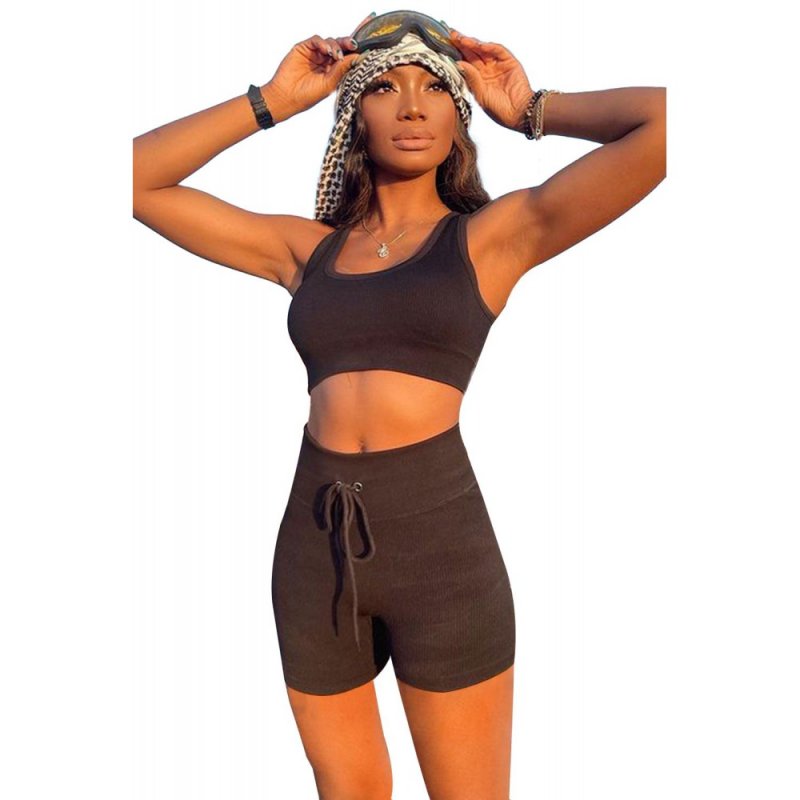 Black Ribbed Knit Sports Bra and High Waist Shorts Yoga Set