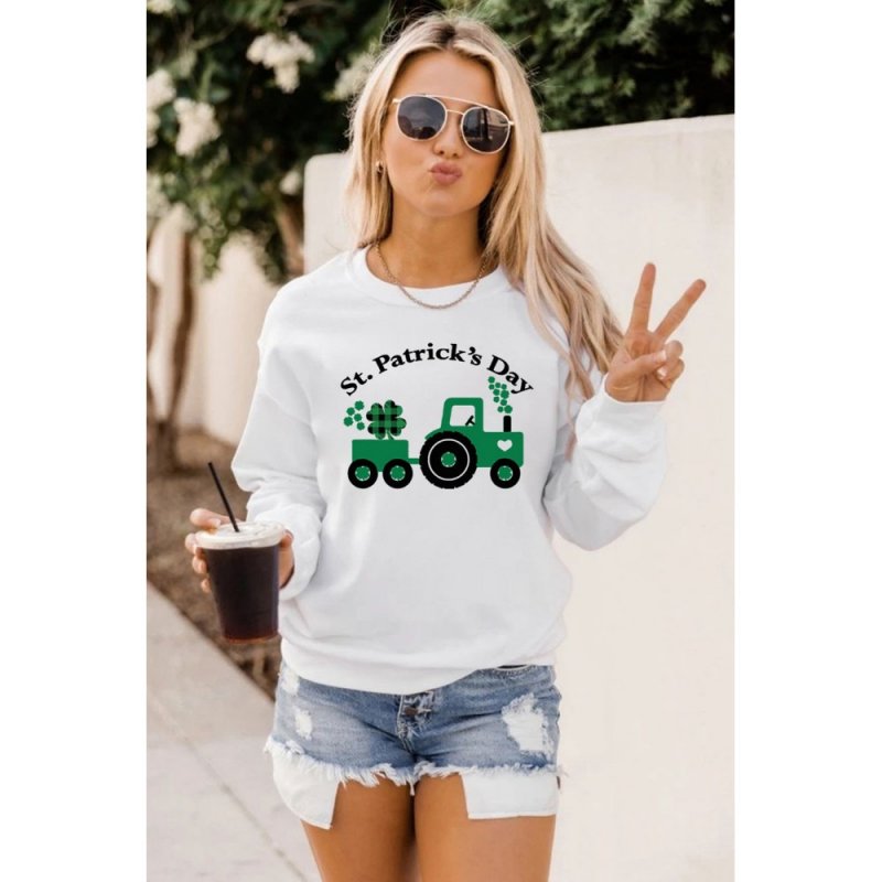 White St. Patrick's Day Graphic Print Long Sleeve Sweatshirt